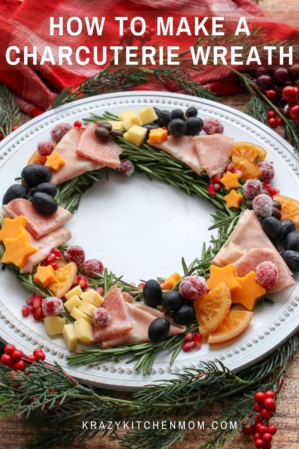 Learn how to make a festive charcuterie wreath with twinkling lights, festive colors, and everything you love about charcuterie. via @krazykitchenmom