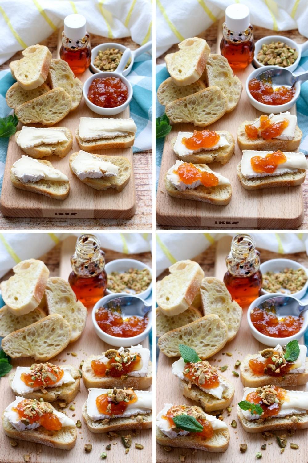 four photos showing how to make brie apricot crostini