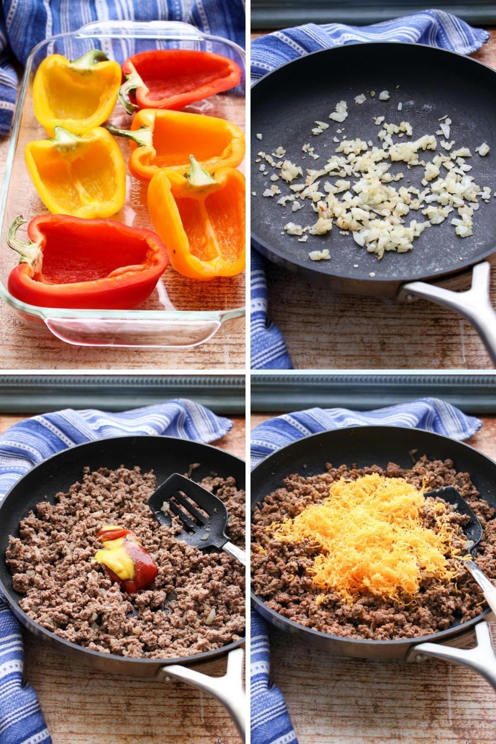 four photos showing how to make cheeseburger stuffed peppers