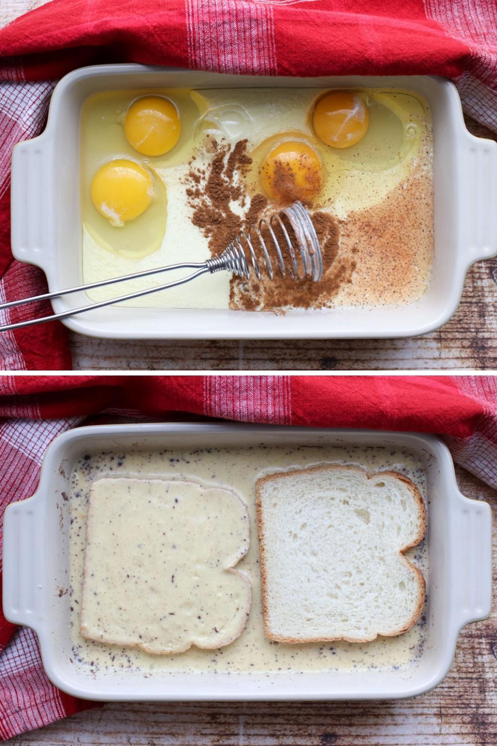 two photos showing how to make eggnog french toast