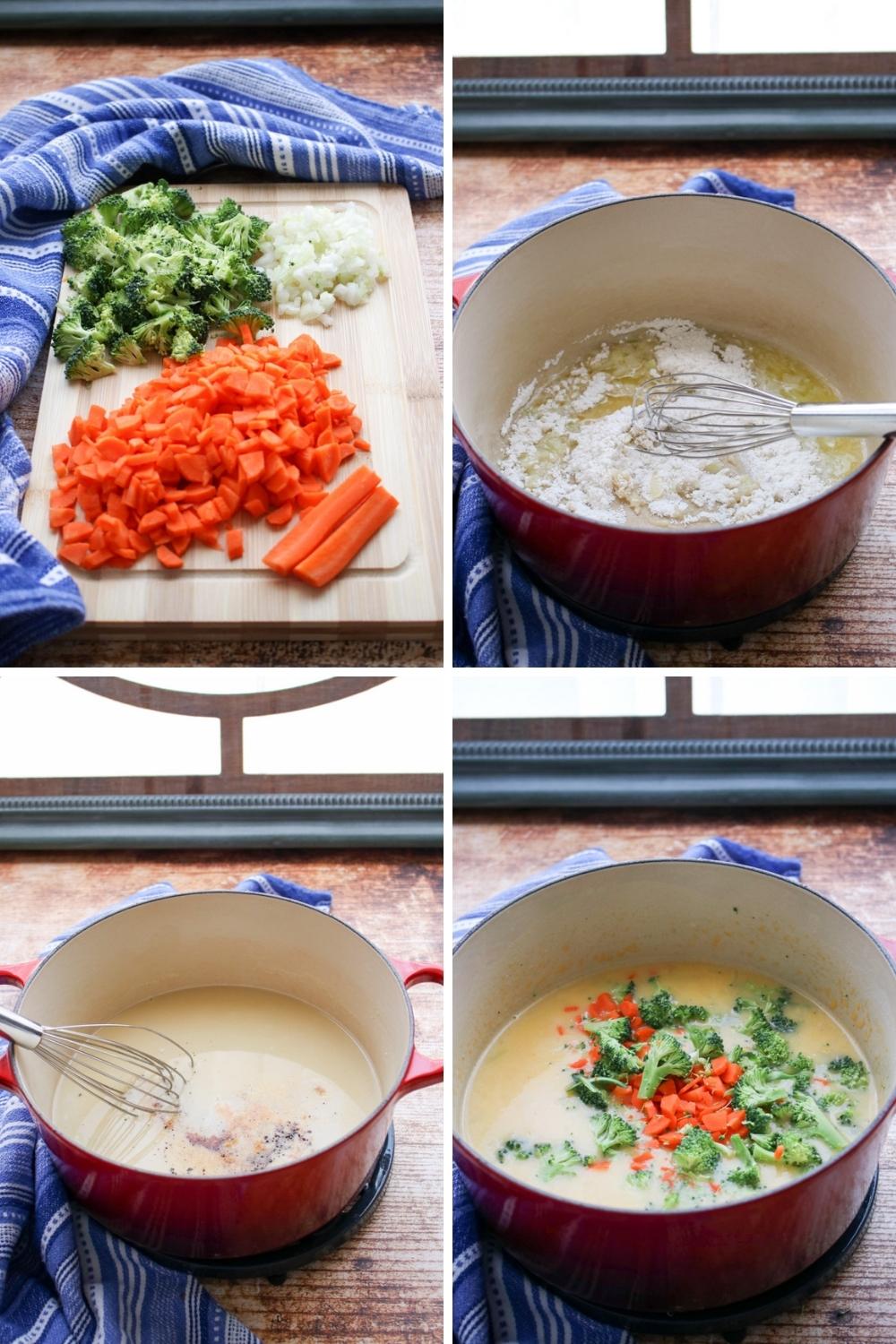 four photos showing how to make broccoli cheese soup