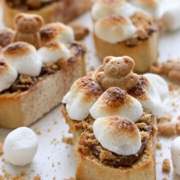 close up shot of Nutella smores with teddy grahm on top