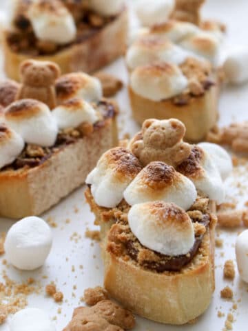 close up shot of Nutella smores with teddy grahm on top