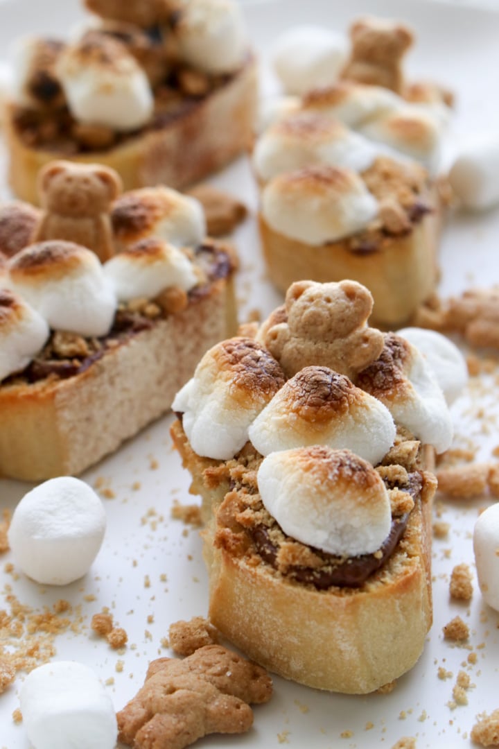 close up shot of Nutella smores with teddy grahm on top