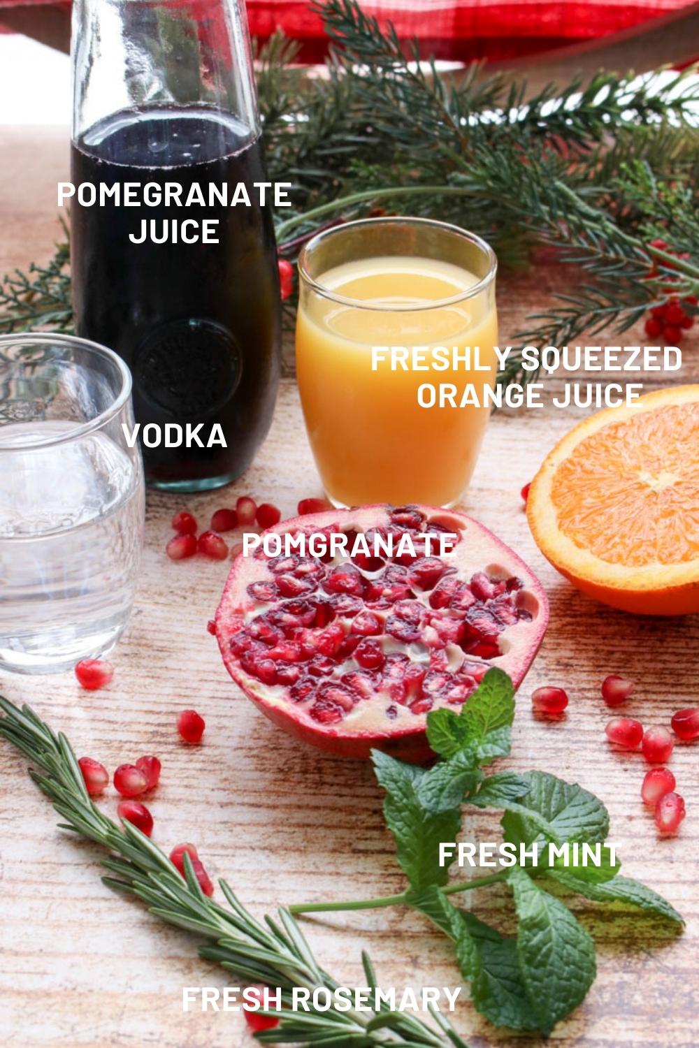 Ingredients to make pomegranate vodka cocktail