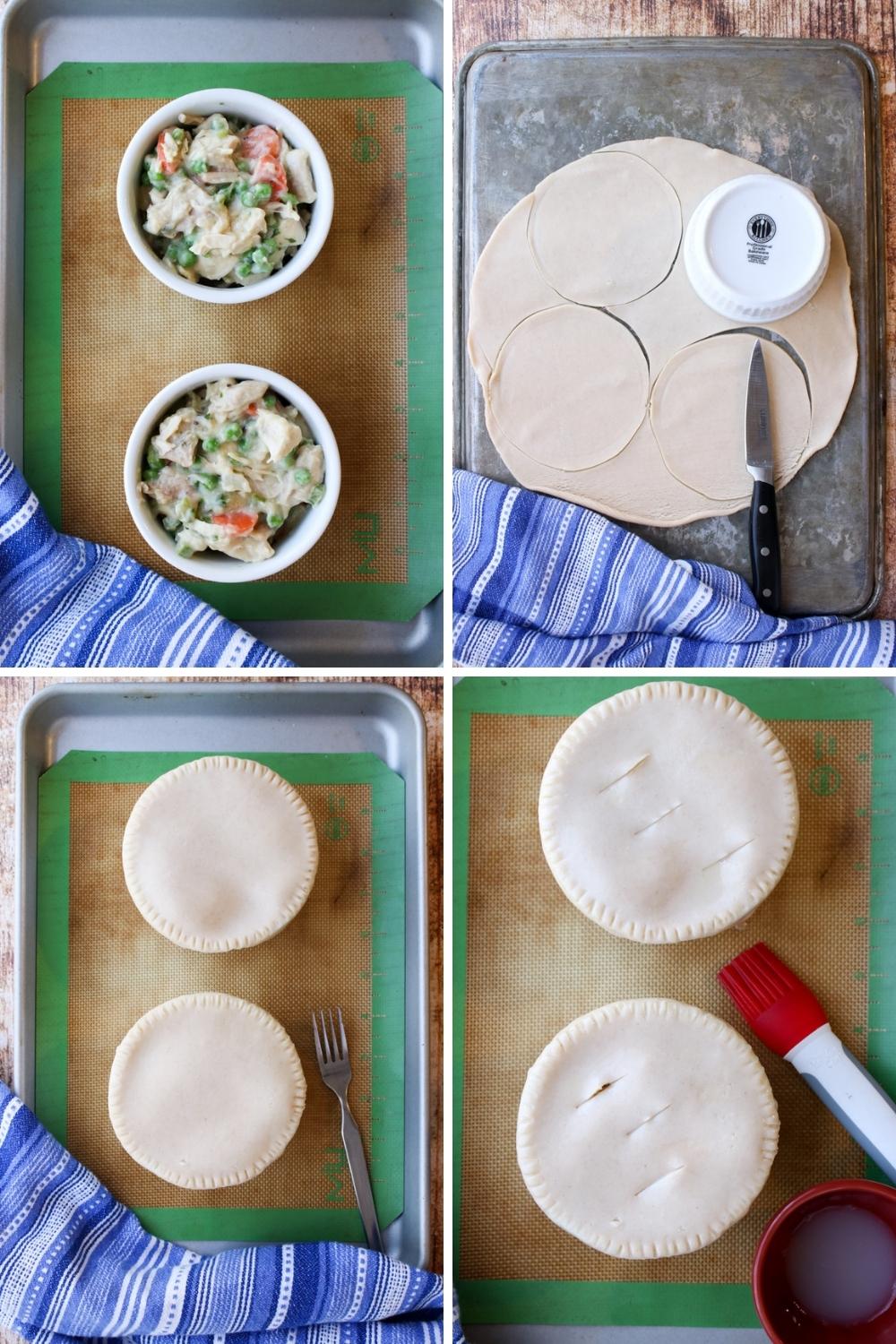 collage for 4 photos showing final  steps for making chicken pot pie