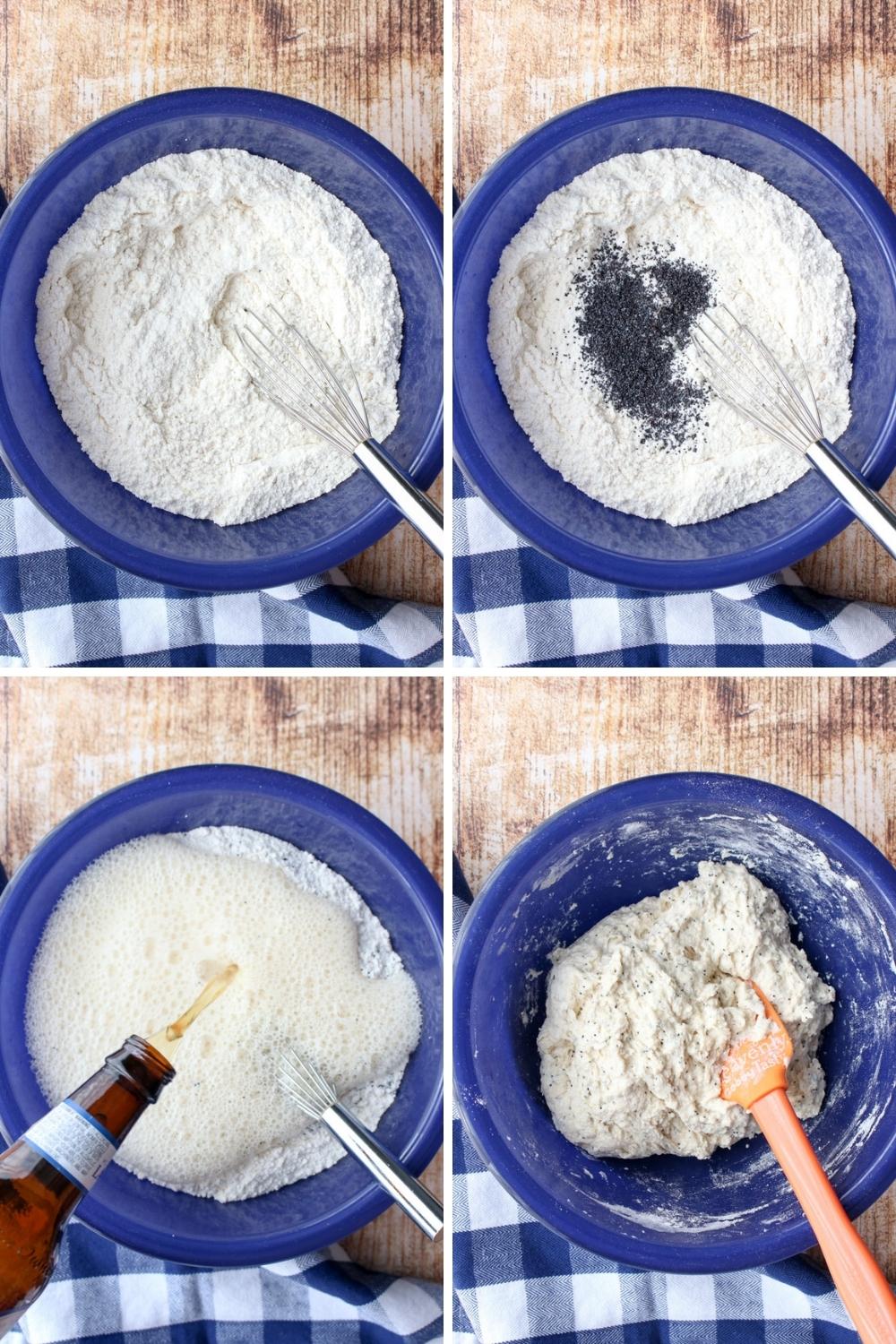 collage of 4 photos showing how to make beer bread