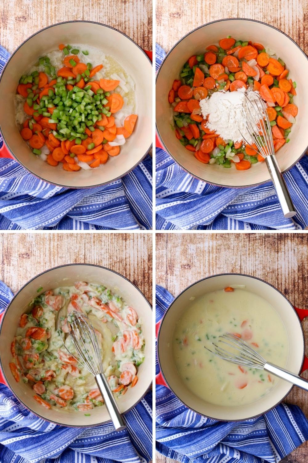 collage for 4 photos showing first 4 steps for making chicken pot pie