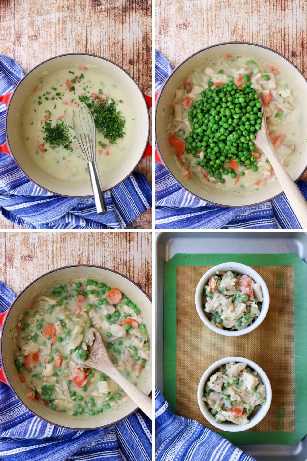 collage for 4 photos showing second 4steps for making chicken pot pie