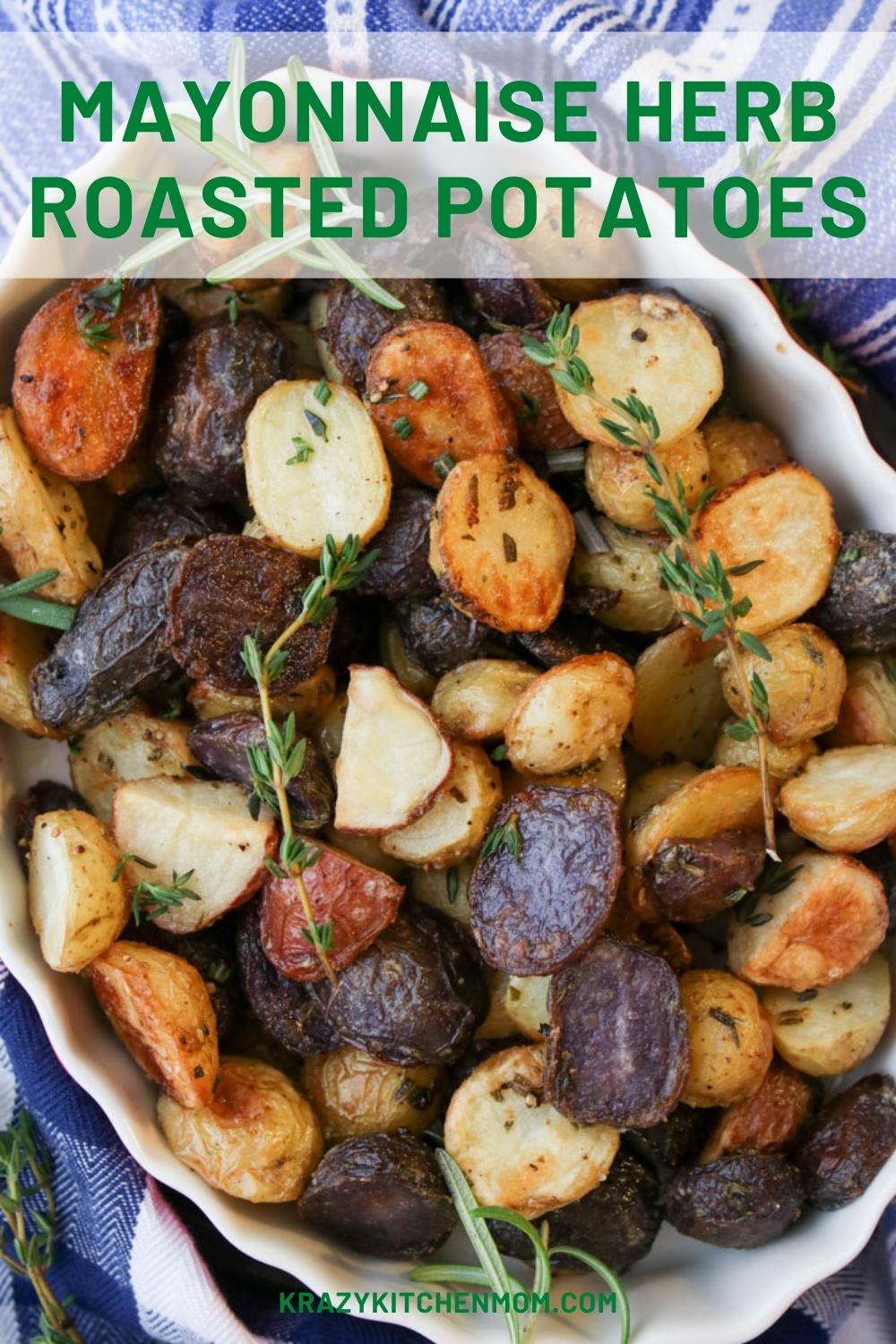 These mayonnaise herb roasted potatoes are my all-time new favorite way to make family-style crispy potatoes with a creamy inside.  via @krazykitchenmom