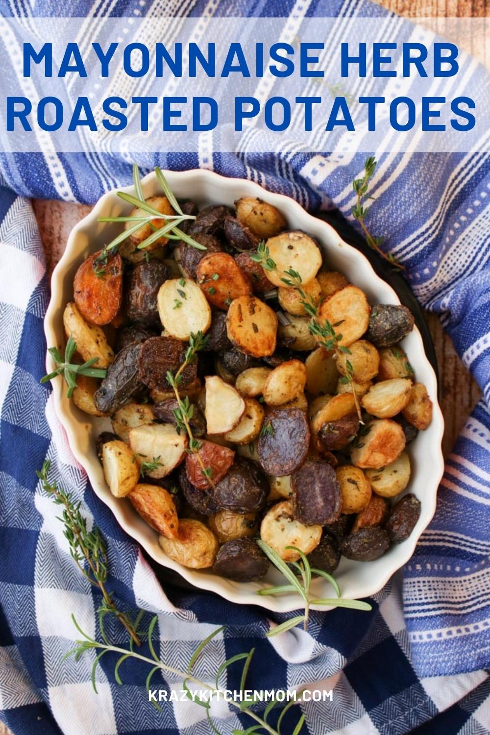 These mayonnaise herb roasted potatoes are my all-time new favorite way to make family-style crispy potatoes with a creamy inside.  via @krazykitchenmom