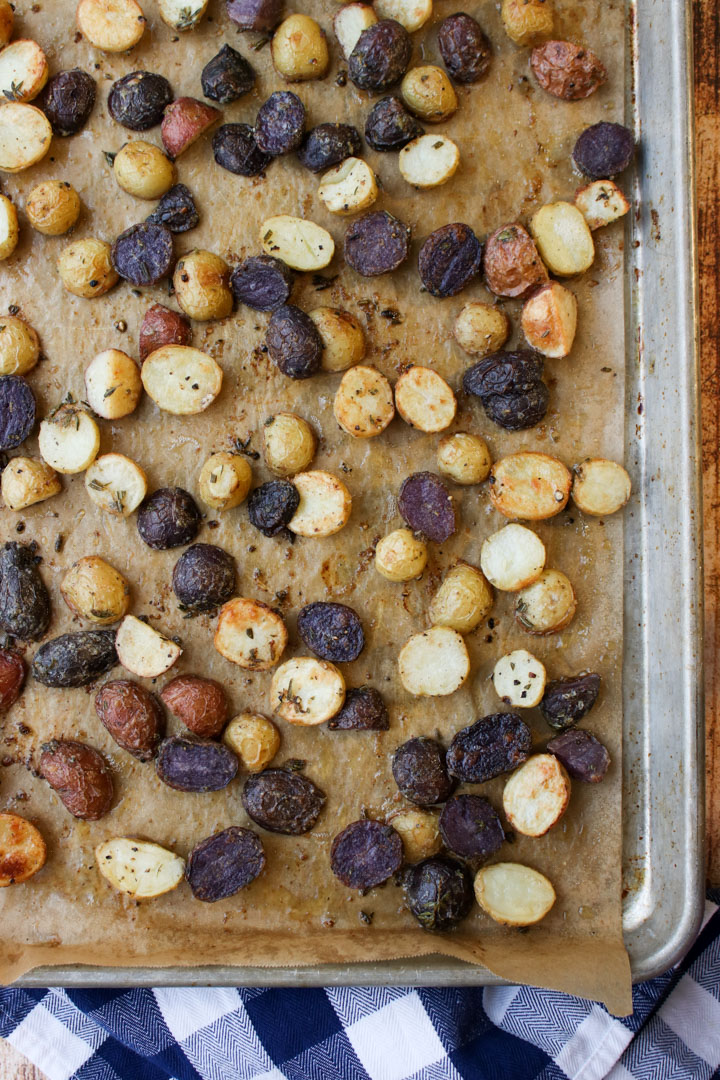 cookie sheet with roasted potatoes