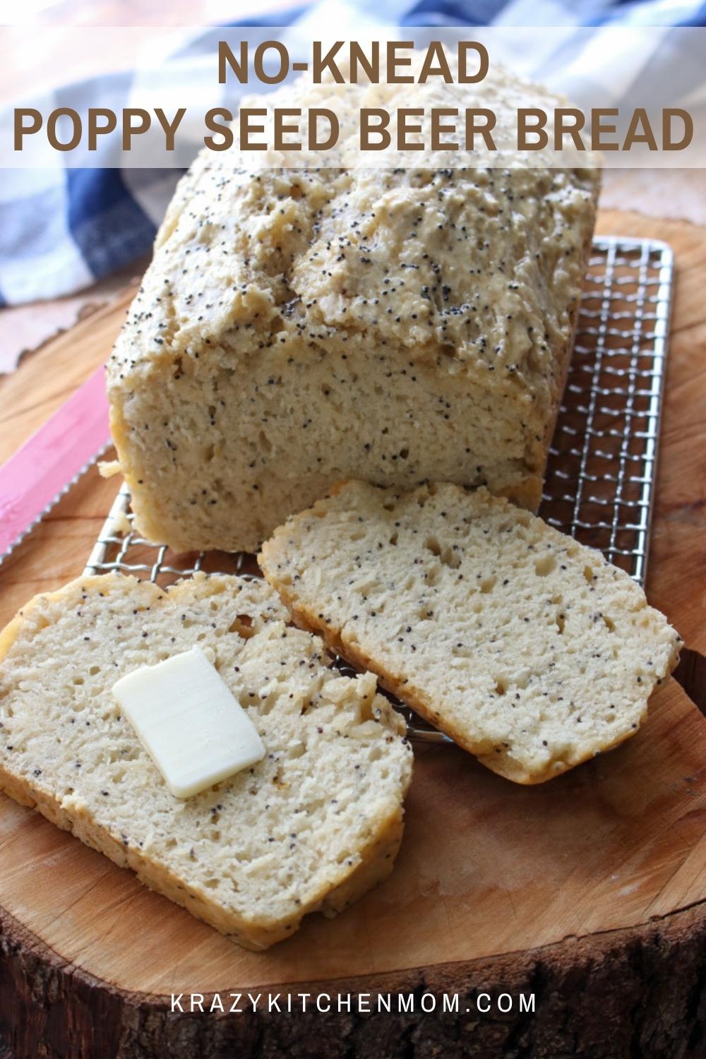 Super simple quick no-knead poppy seed beer bread - no kneading and no mixer. Just combine, stir, bake, ready in 1 hour. Buttery, sweet, moist, and delicious. via @krazykitchenmom