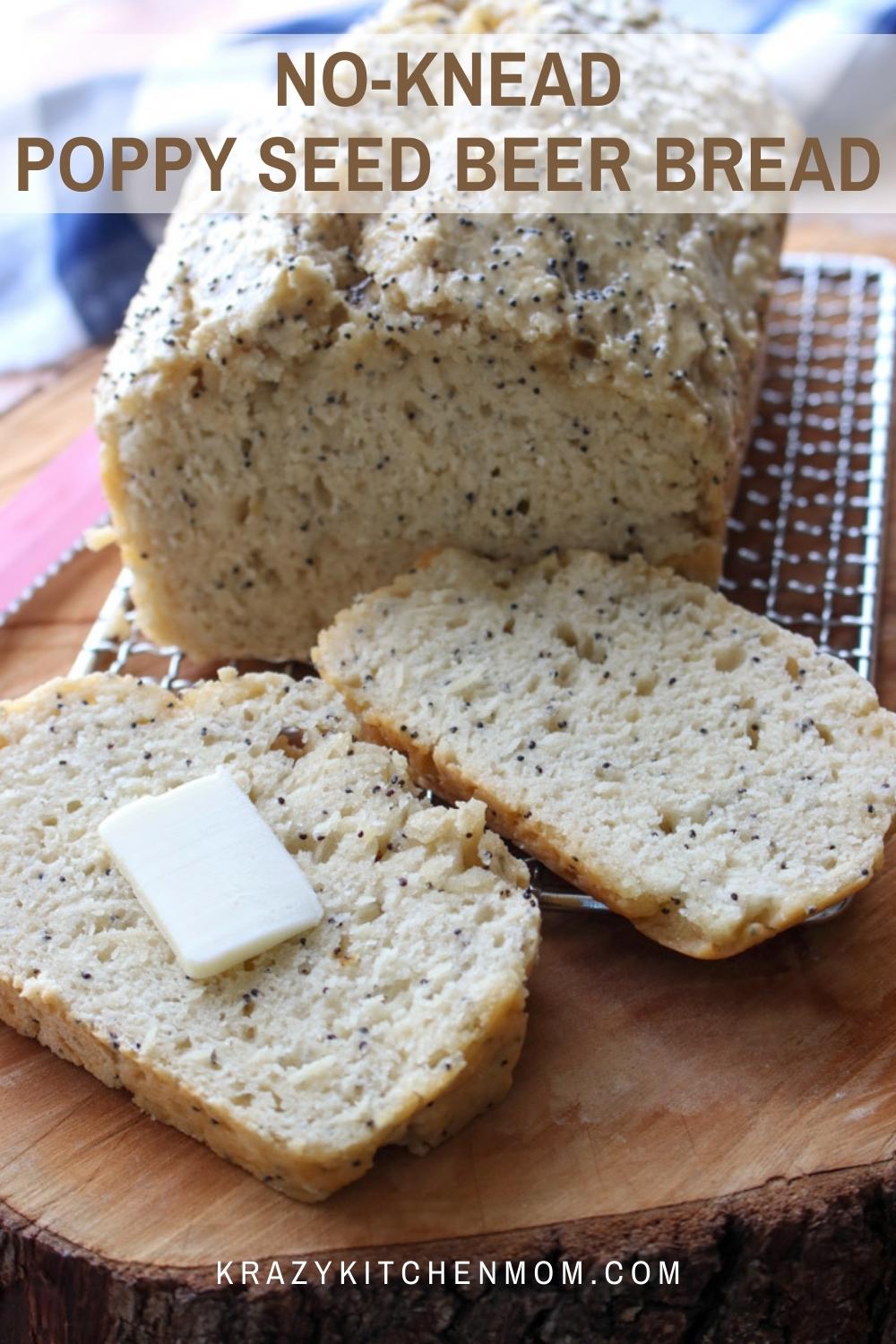 Super simple quick no-knead poppy seed beer bread - no kneading and no mixer. Just combine, stir, bake, ready in 1 hour. Buttery, sweet, moist, and delicious. via @krazykitchenmom