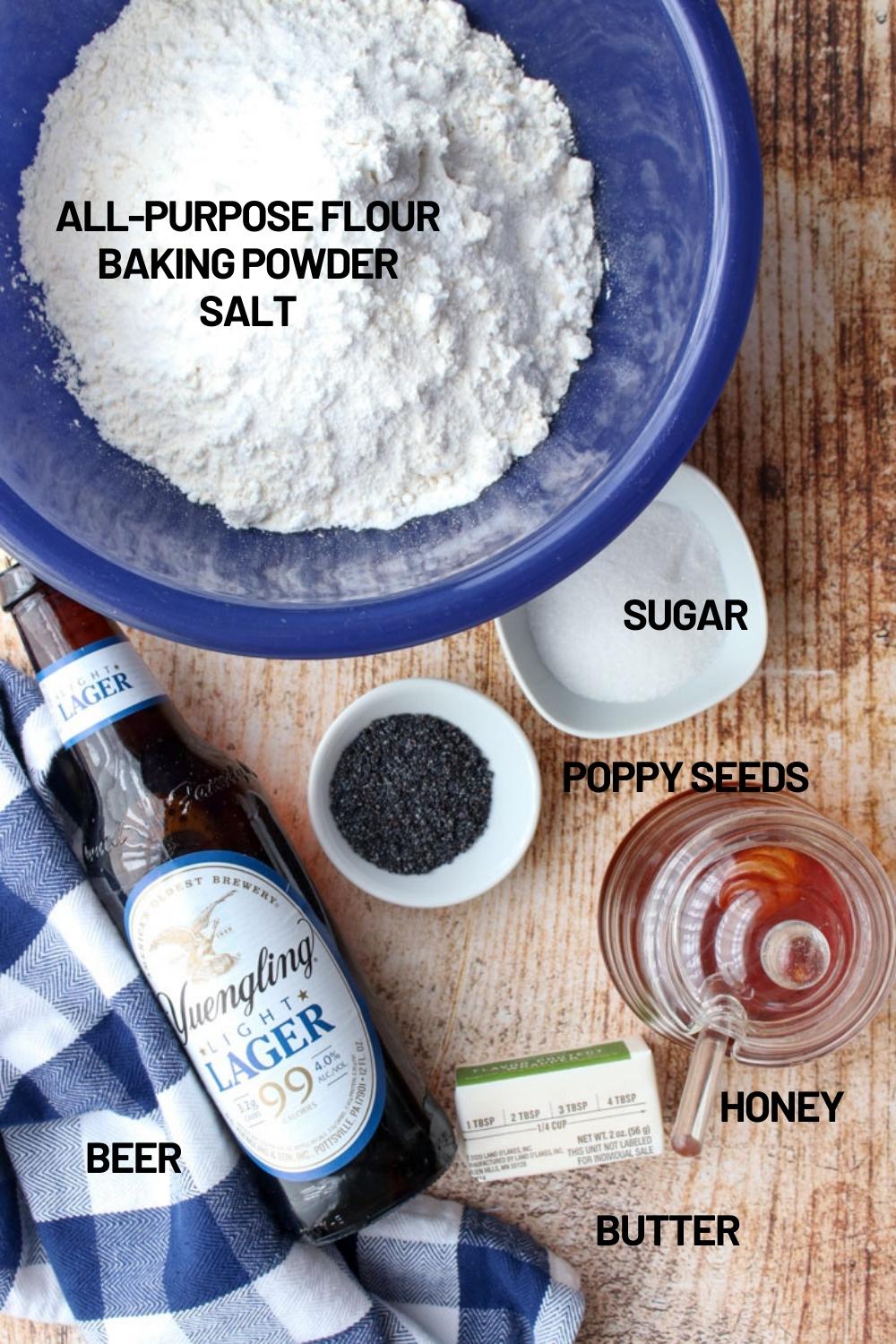 Ingredients to make poppy seed beer bread