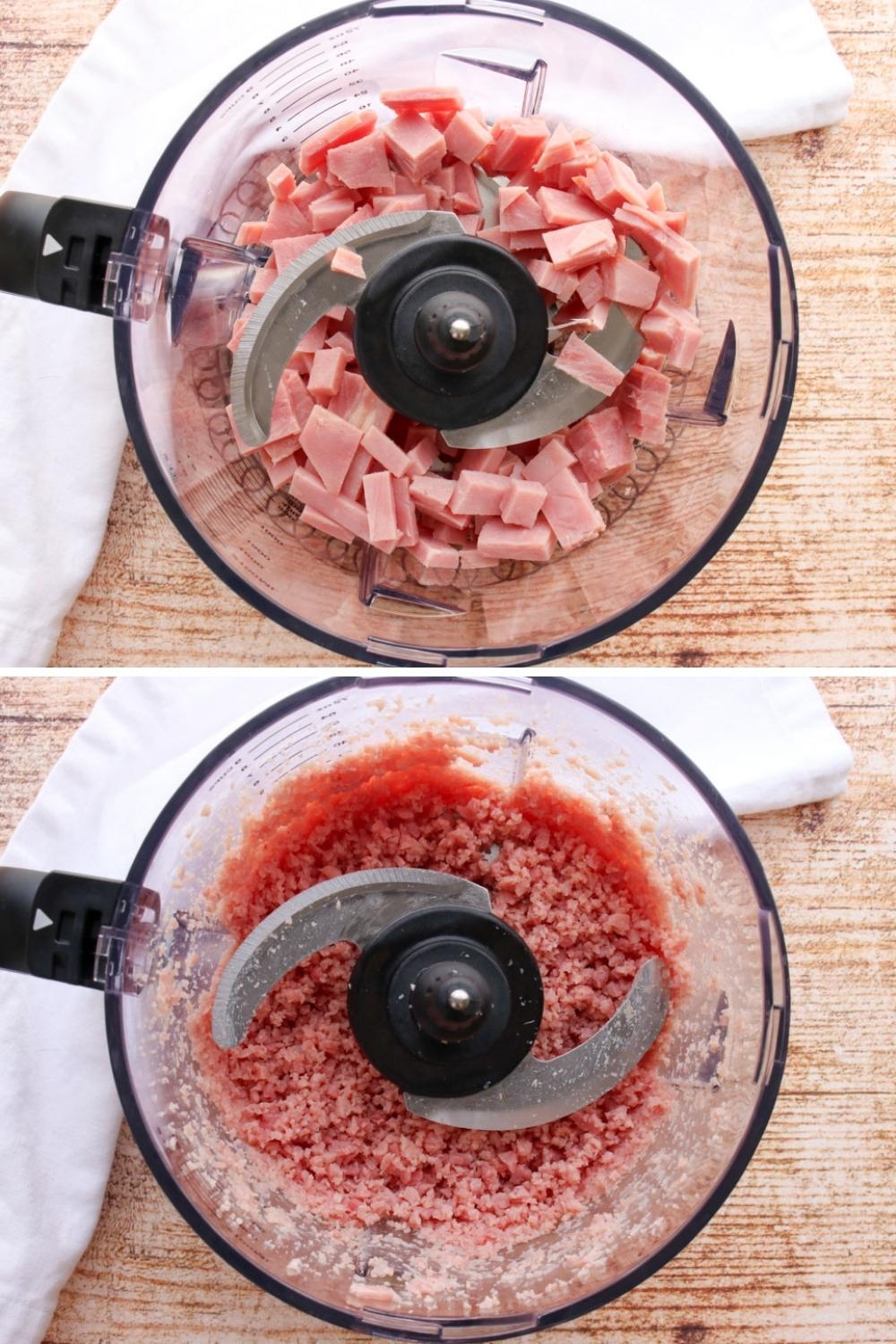 two photos showing how to grind ham in food processor