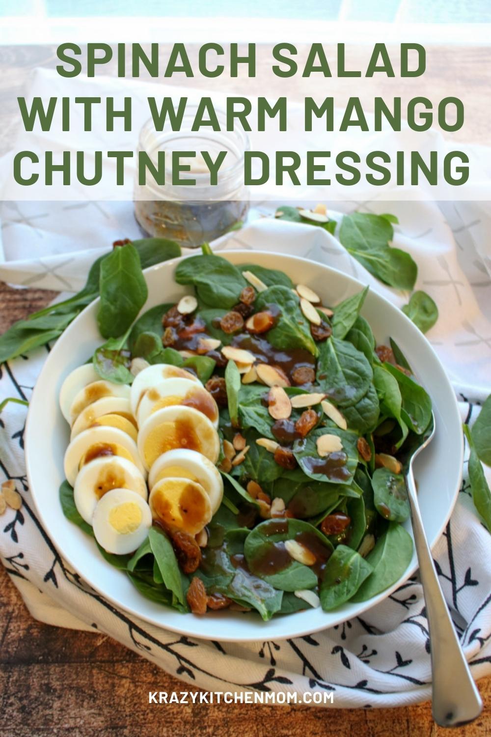 A variation of traditional Spinach Salad with Warm Bacon Dressing. For this recipe, I use jarred mango chutney for the base of the salad dressing. via @krazykitchenmom