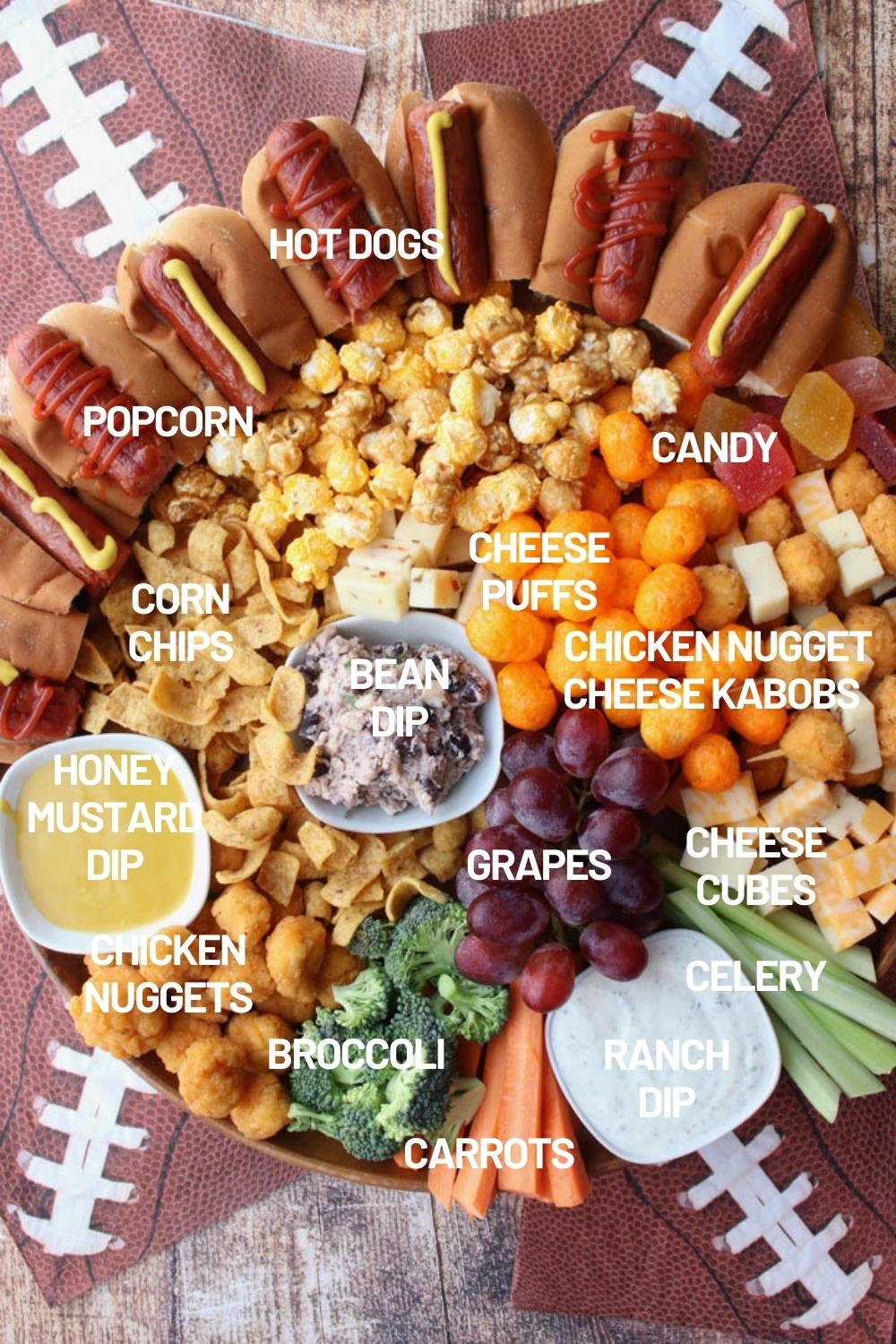 round snack board with ingredients labeled