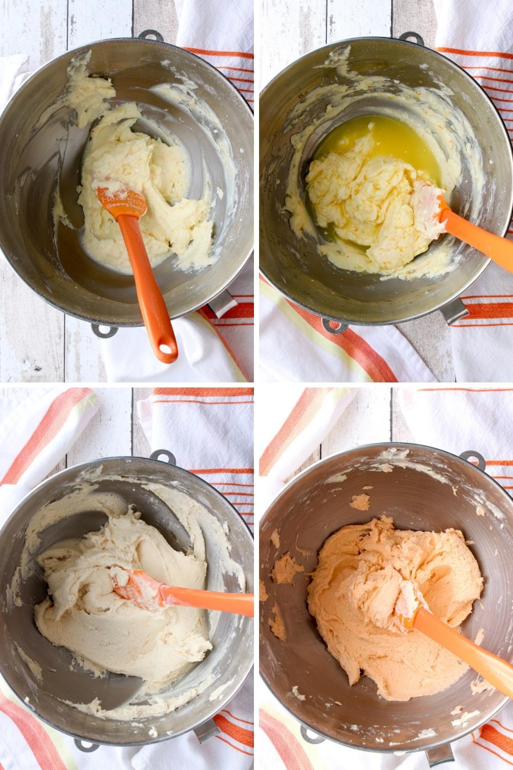 four photos showing how to mix mimosa butter cookies