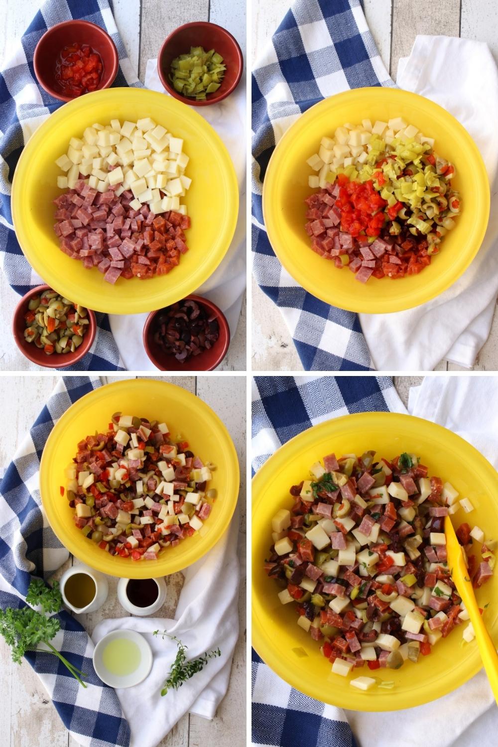 four photos showing how to make muffuletta dip