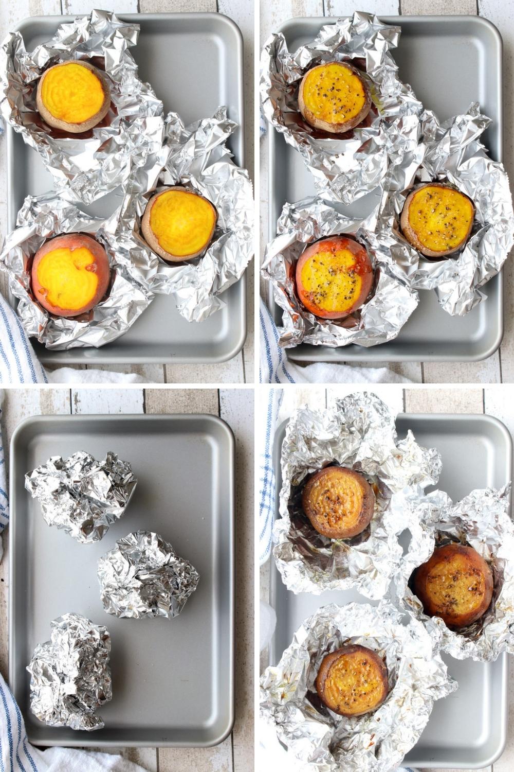 four photo collage showing how to roast beets