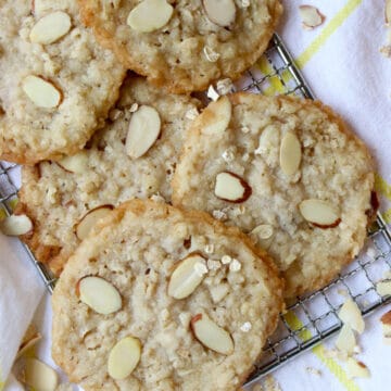 oatmeal lace cookies on a small cookie rack