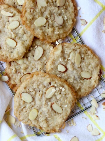 oatmeal lace cookies on a small cookie rack