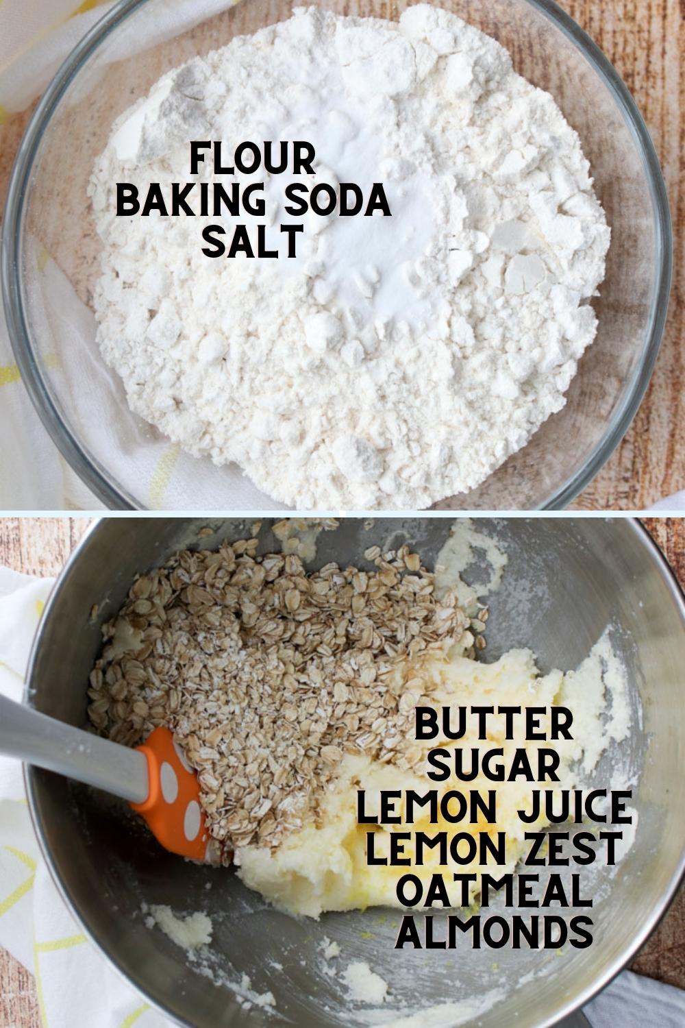 2 photos. Top one with flour, bottom the butter, sugar and oats