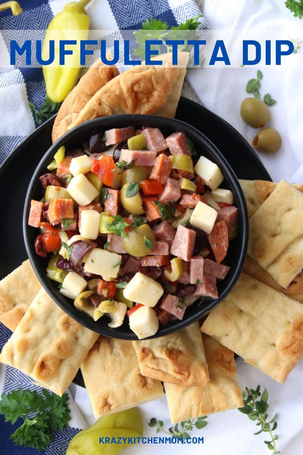 A bold and zesty dippable version of the classic southern style New Orleans muffuletta olive salad sandwich via @krazykitchenmom