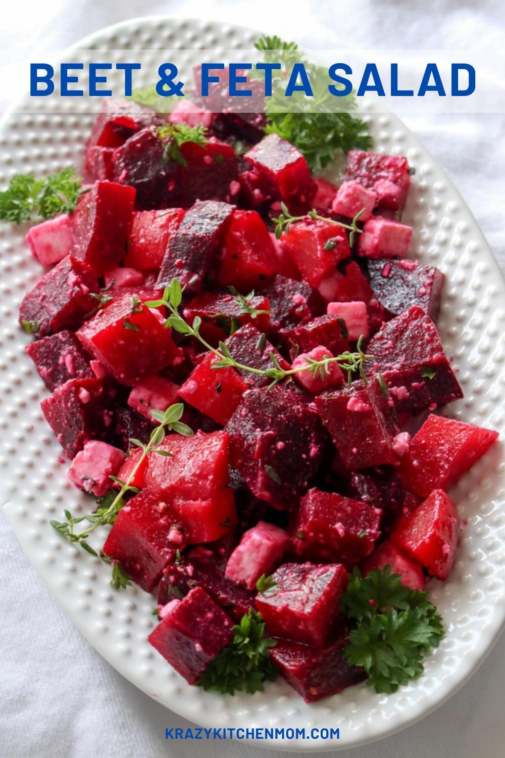 My bright fresh beet and feta salad is loaded with earthy roasted beets, tangy feta cheese, and drizzled with a zesty vinaigrette. via @krazykitchenmom