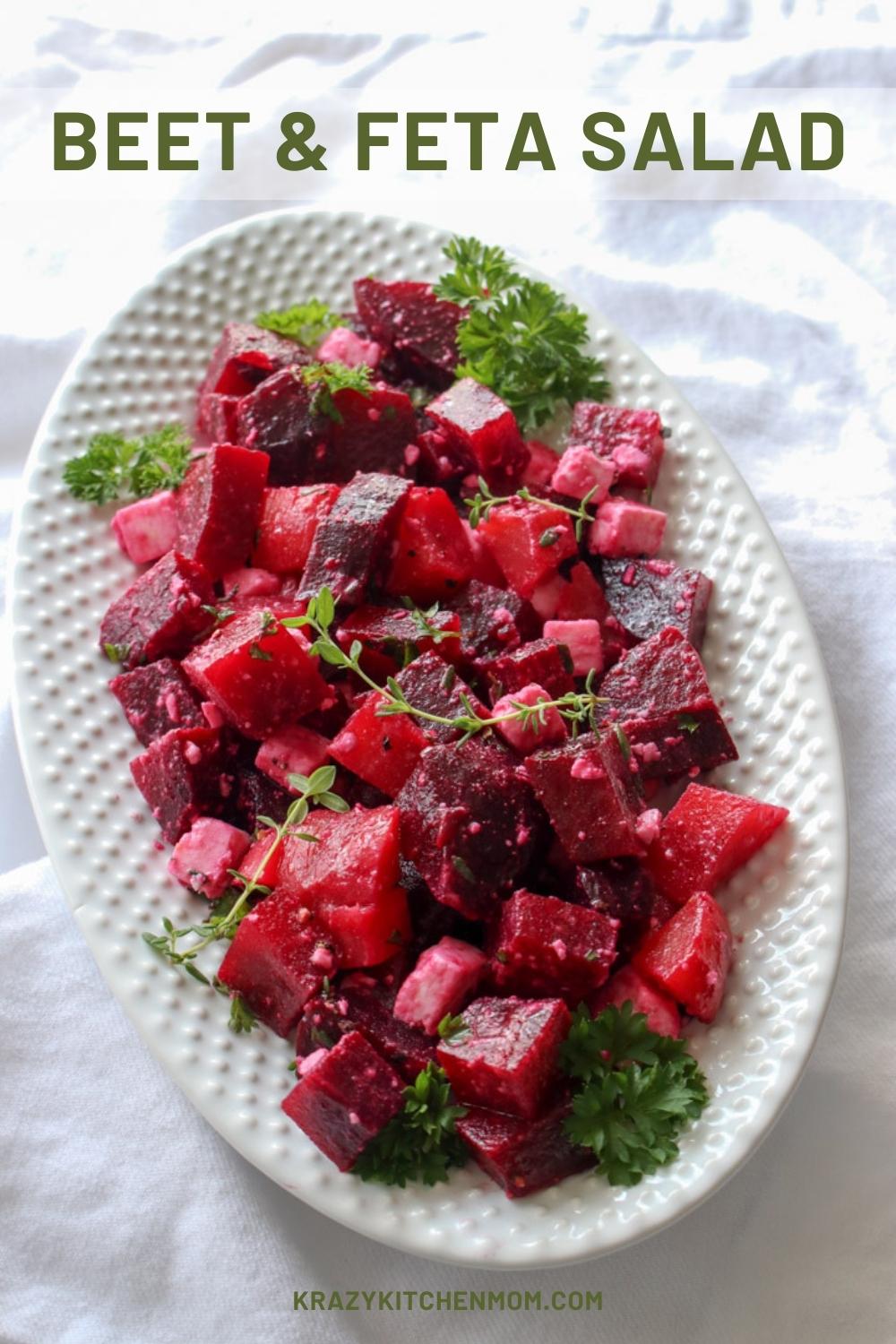 This bright fresh beet and feta salad is loaded with earthy roasted beets, tangy feta cheese, and drizzled with a zesty vinaigrette. via @krazykitchenmom