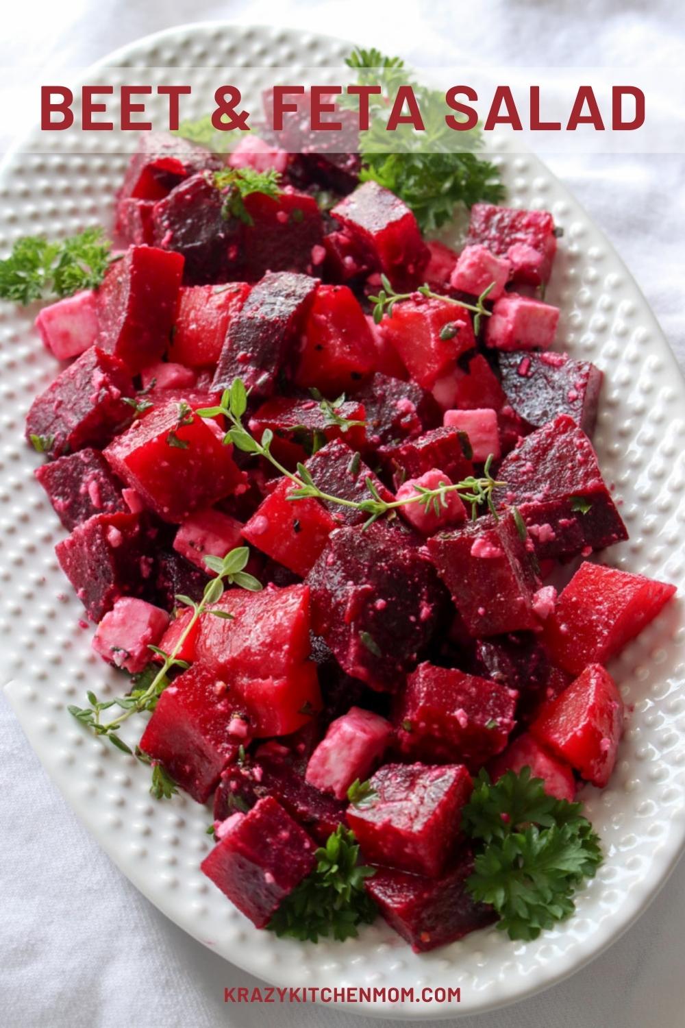 This bright fresh beet and feta salad is loaded with earthy roasted beets, tangy feta cheese, and drizzled with a zesty vinaigrette. via @krazykitchenmom