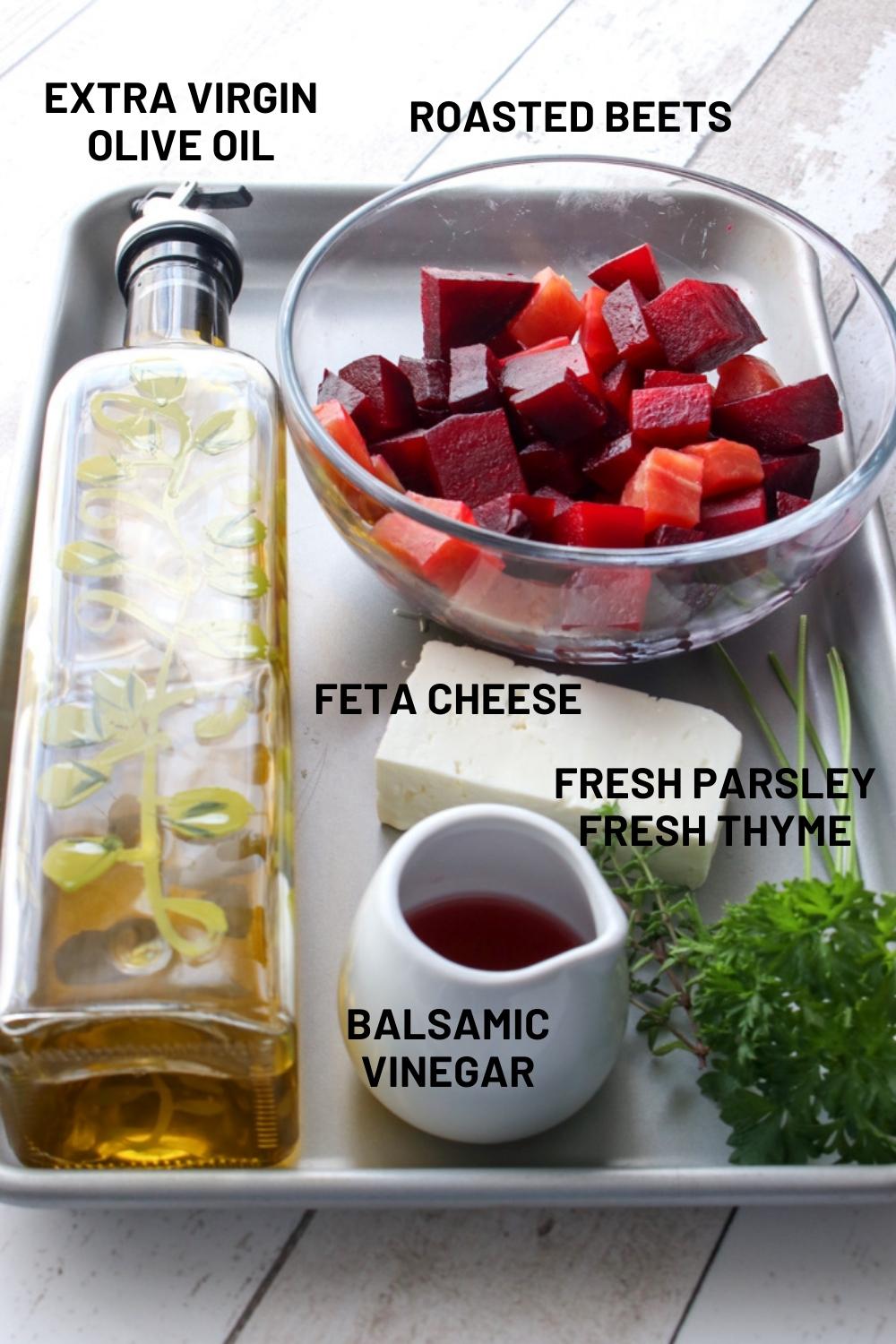 tray with the ingredients to make a beet feta salad