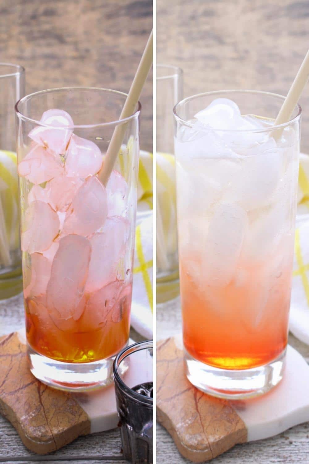 2 photos showing how to make lemonade aperol spritz