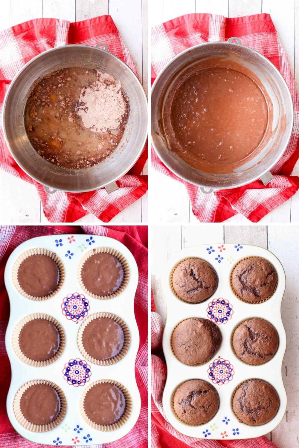 collage showing how to make poop emoji cupcakes