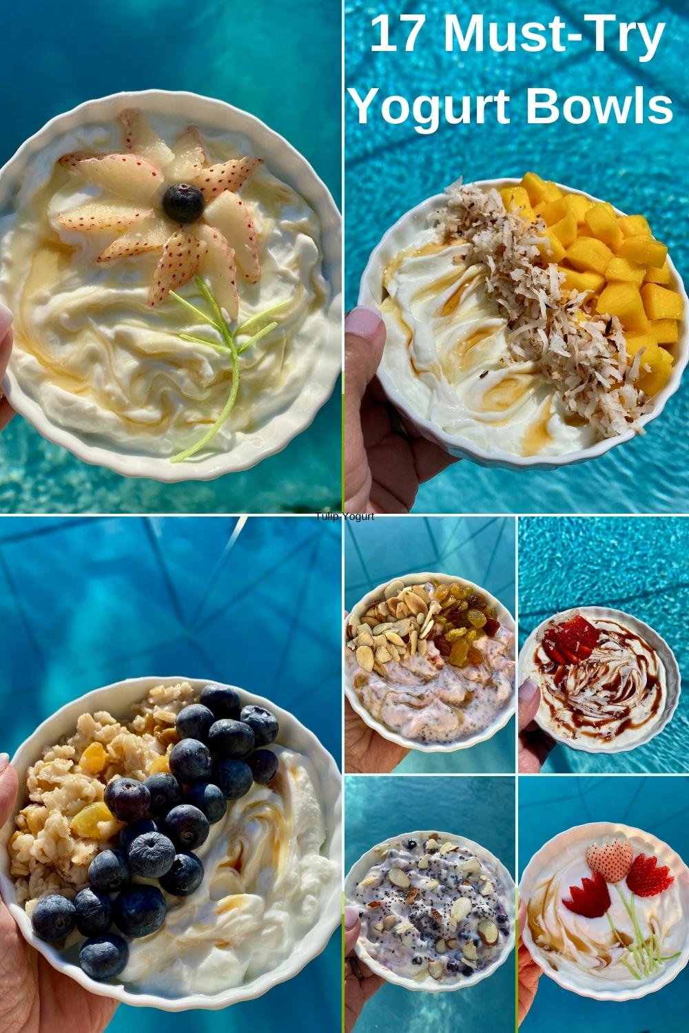 17  healthy, protein-packed yogurt bowls loaded with different toppings. Serve them for breakfast, lunch, snack time, or dessert. via @krazykitchenmom