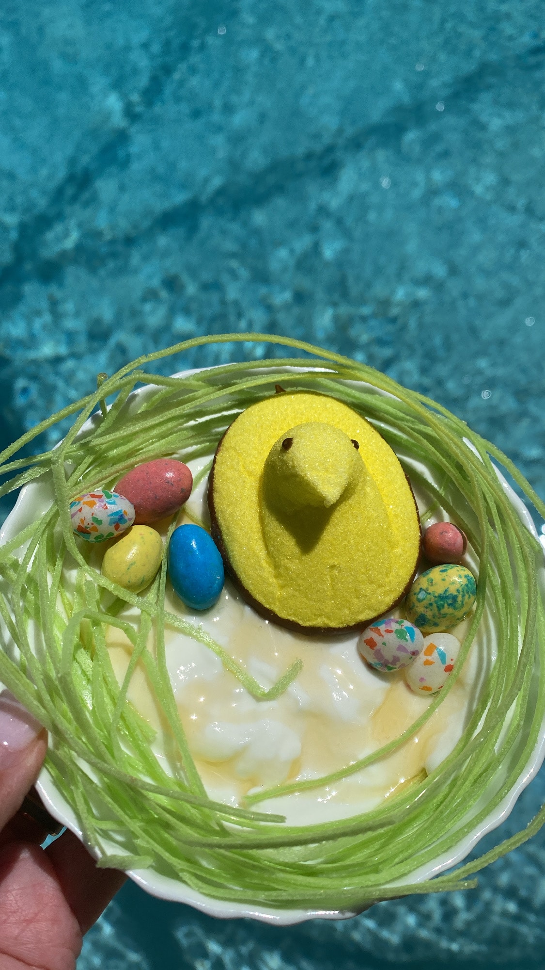 yellow peep bird on top of a bowl of yogurt and jelly beans with edible nest