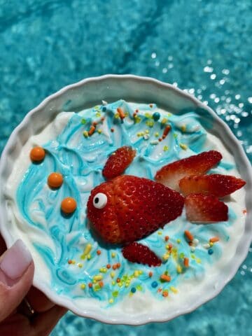 strawberry shapes to make a fish on top of greek yogurt