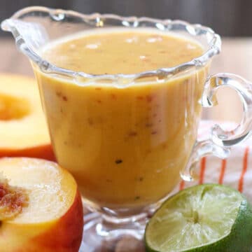 peach salad dressing in gravy dish