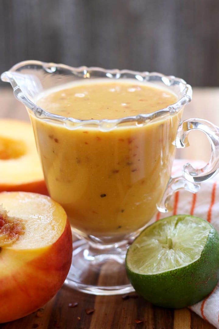 peach salad dressing in gravy dish