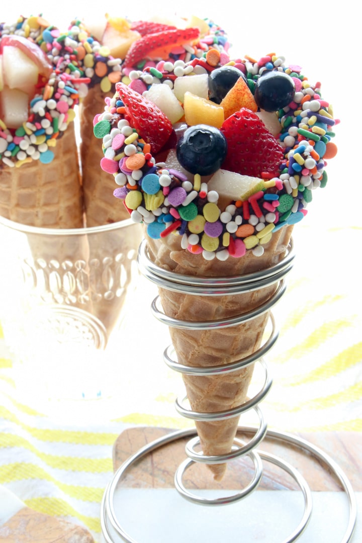 waffle cone filled with fruit salad