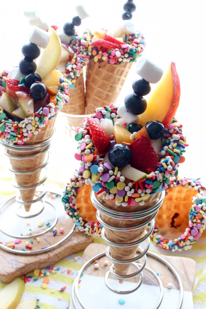 phones of fruit salad filled waffle cones