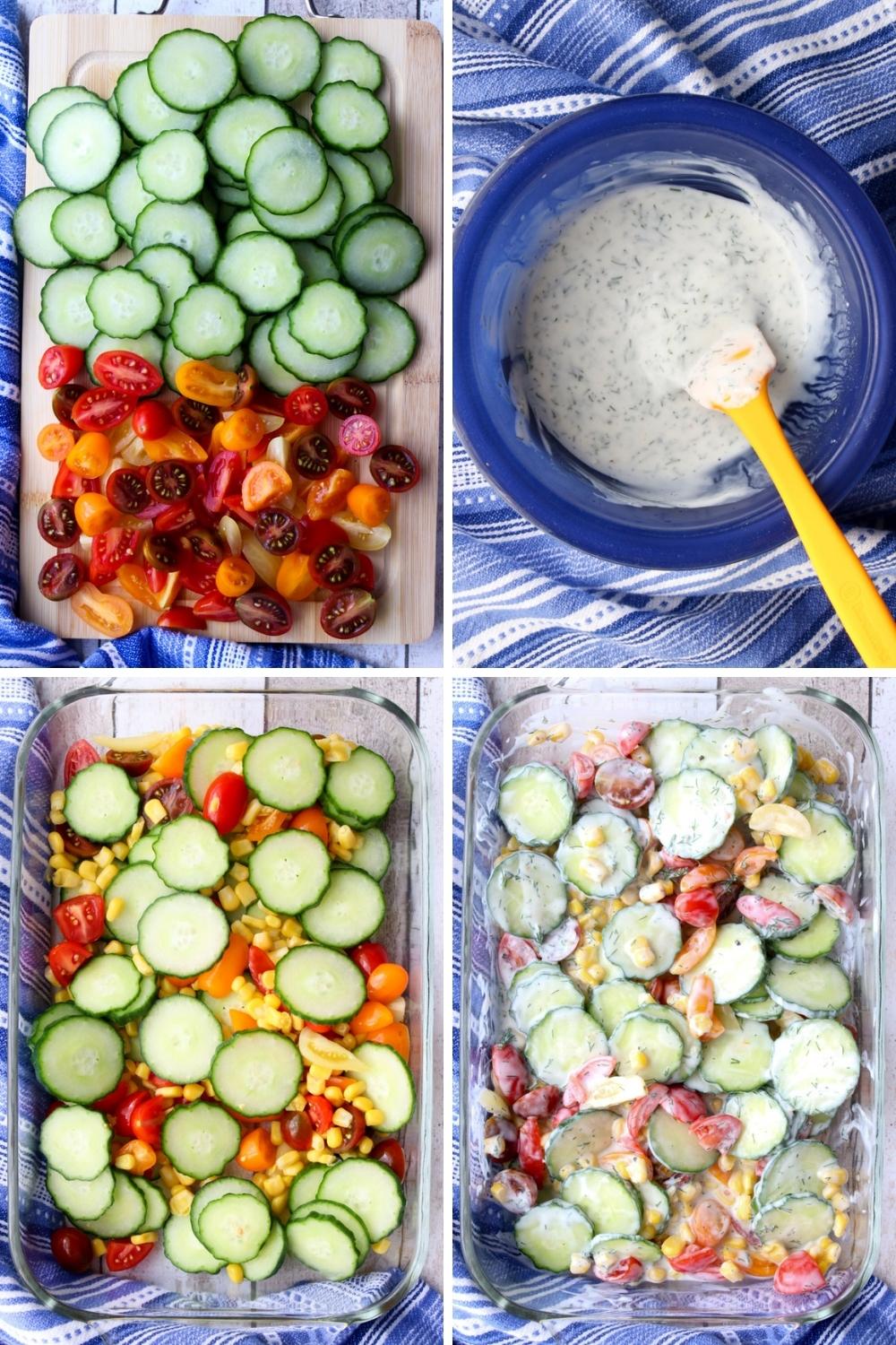 COLLAGE SHOWING HOW TO MAKE CREAMY CUCUMBER TOMATO SALAD