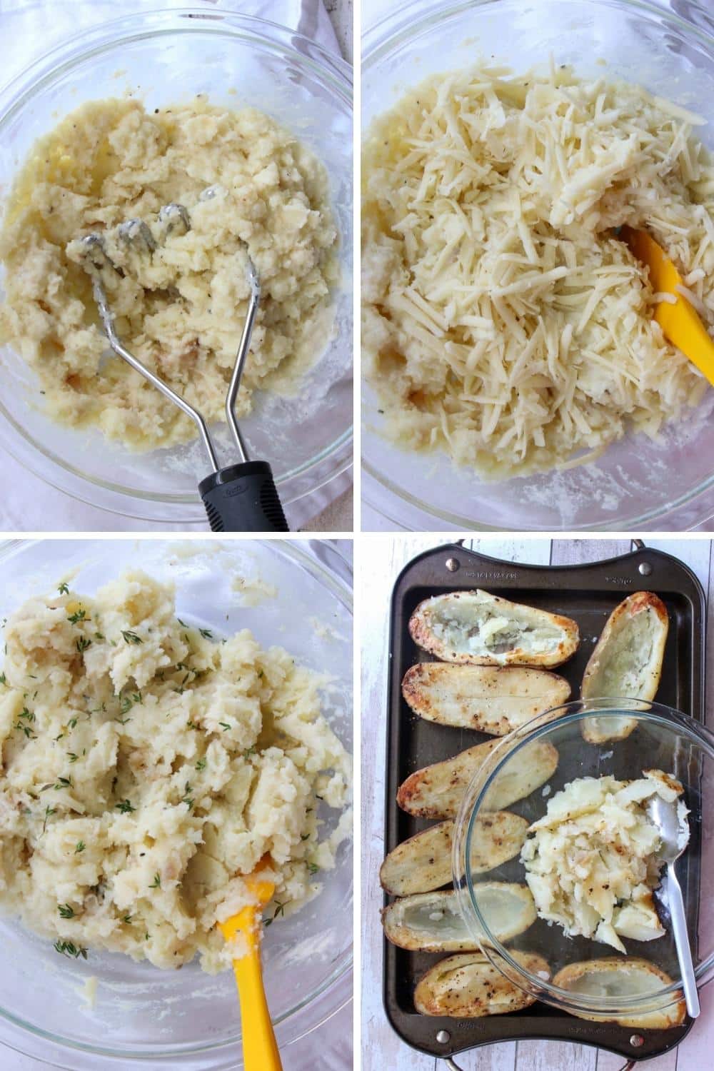 four photos showing how to prepare mixture for twice baked potatoes