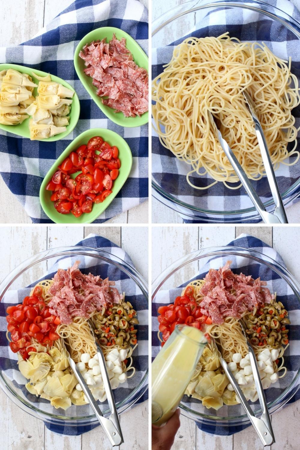 four photos showing how to make spaghetti salad