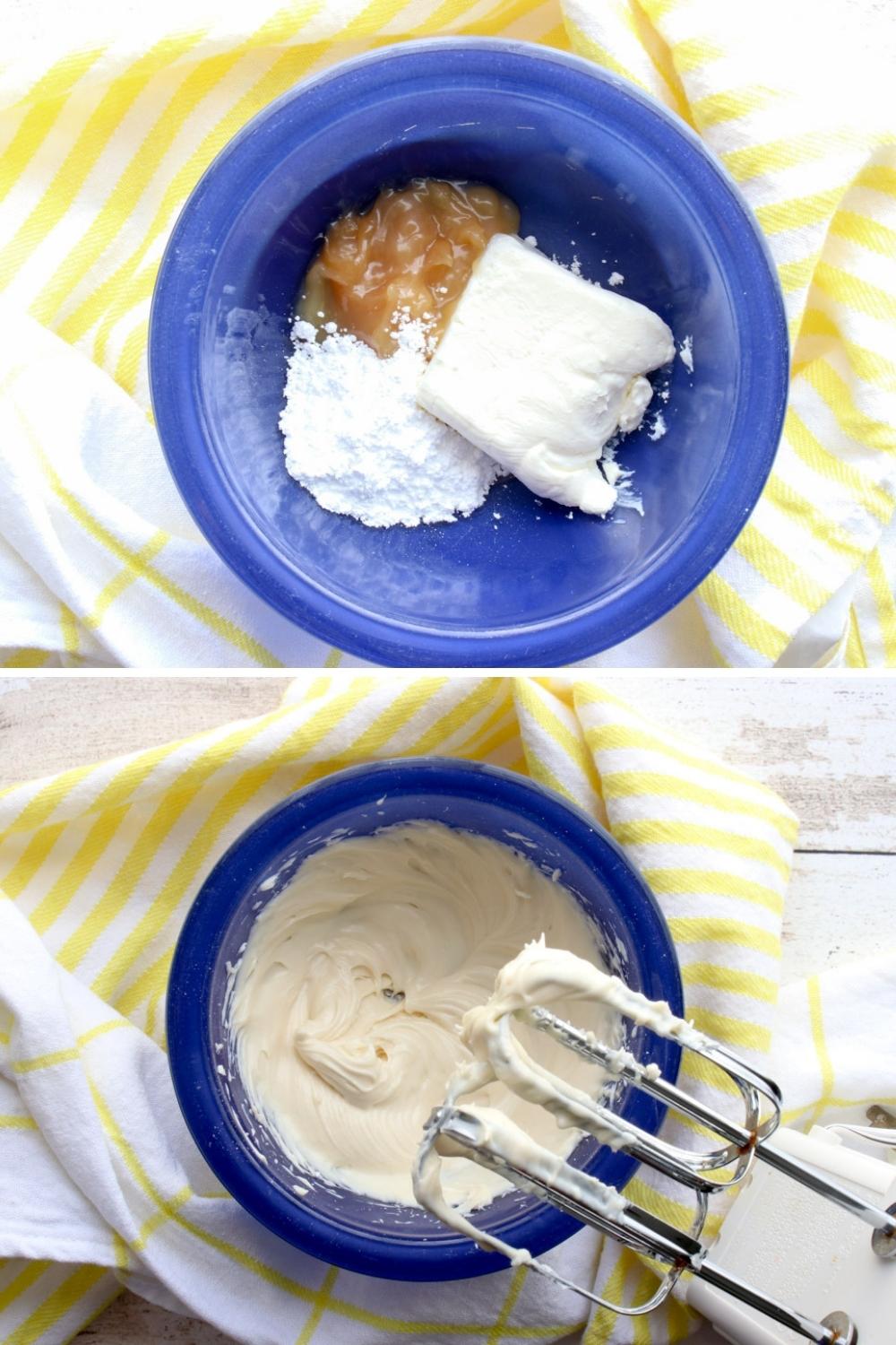 Two photos showing first 2 steps in making lemon cream cheese filling for croissants.