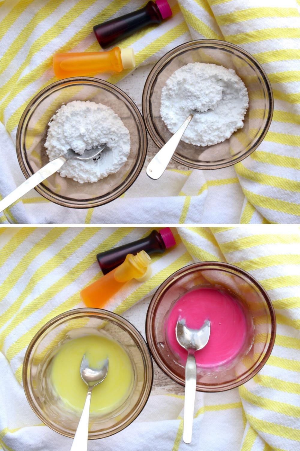 2 photos show how to color powdered sugar glaze pink and yellow