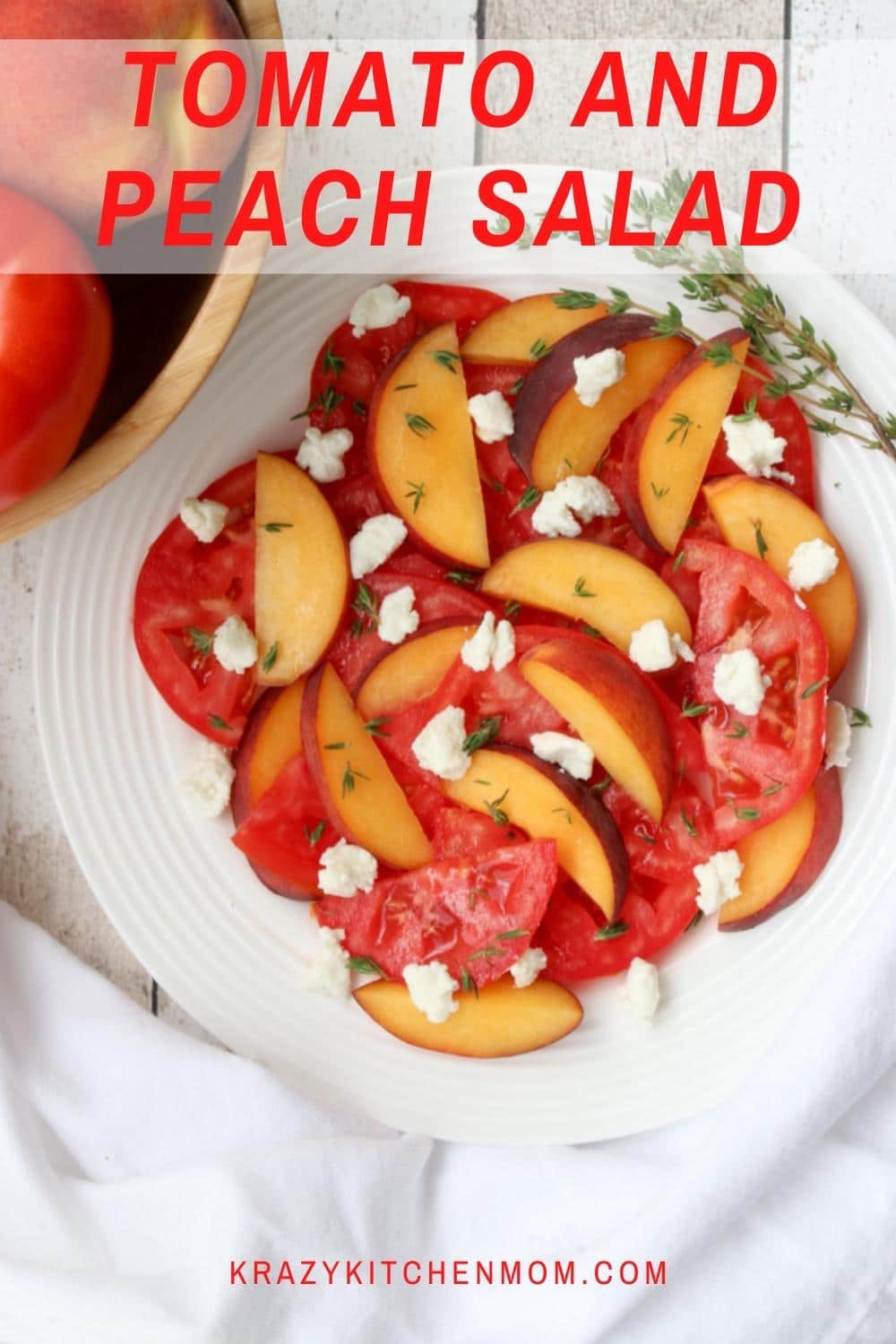 Peach Tomato Salad with honey goat cheese, fresh thyme, drizzled with blood orange infused olive oil and honey. via @krazykitchenmom