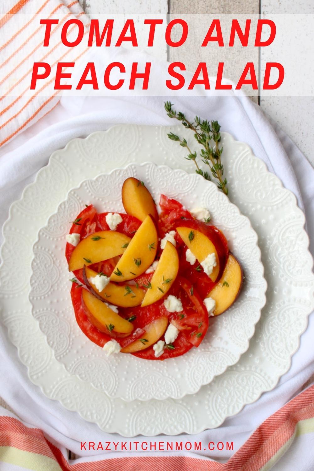 Peach Tomato Salad with honey goat cheese, fresh thyme, drizzled with blood orange infused olive oil and honey. via @krazykitchenmom