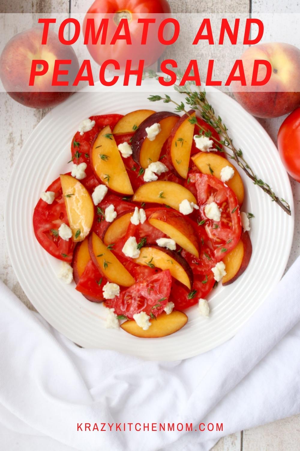 Peach Tomato Salad with honey goat cheese, fresh thyme, drizzled with blood orange infused olive oil and honey. via @krazykitchenmom